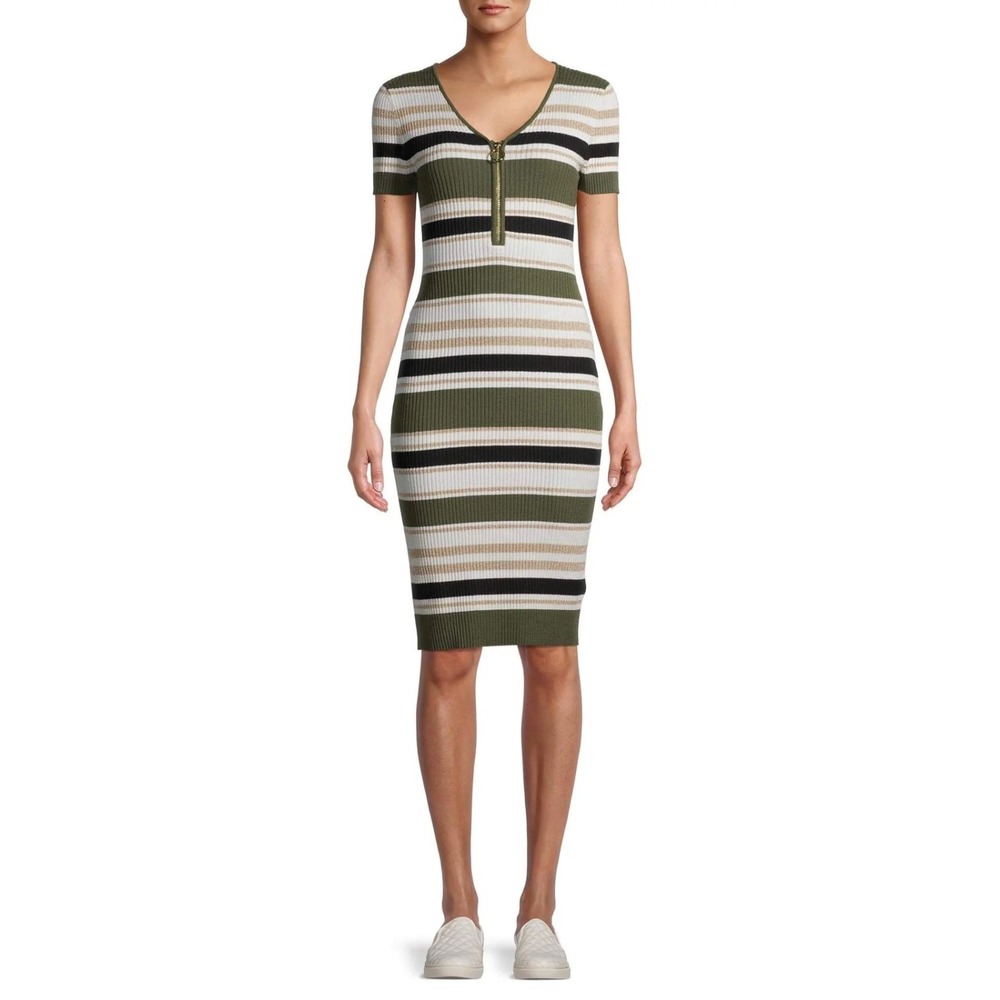 No Boundaries Metallic Striped Ribbed Dress L Gold Green O-Ring Zip Bodycon Midi